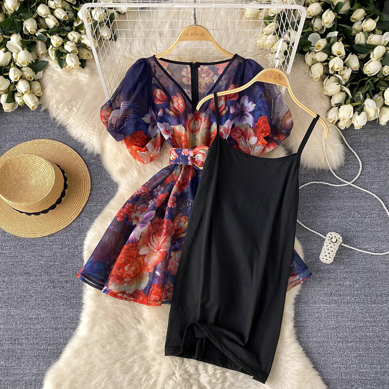 Harajpoo-Vestido floral de alta costura francesa feminino, decote em v, manga bolha, cintura, luxuoso, curto, verão