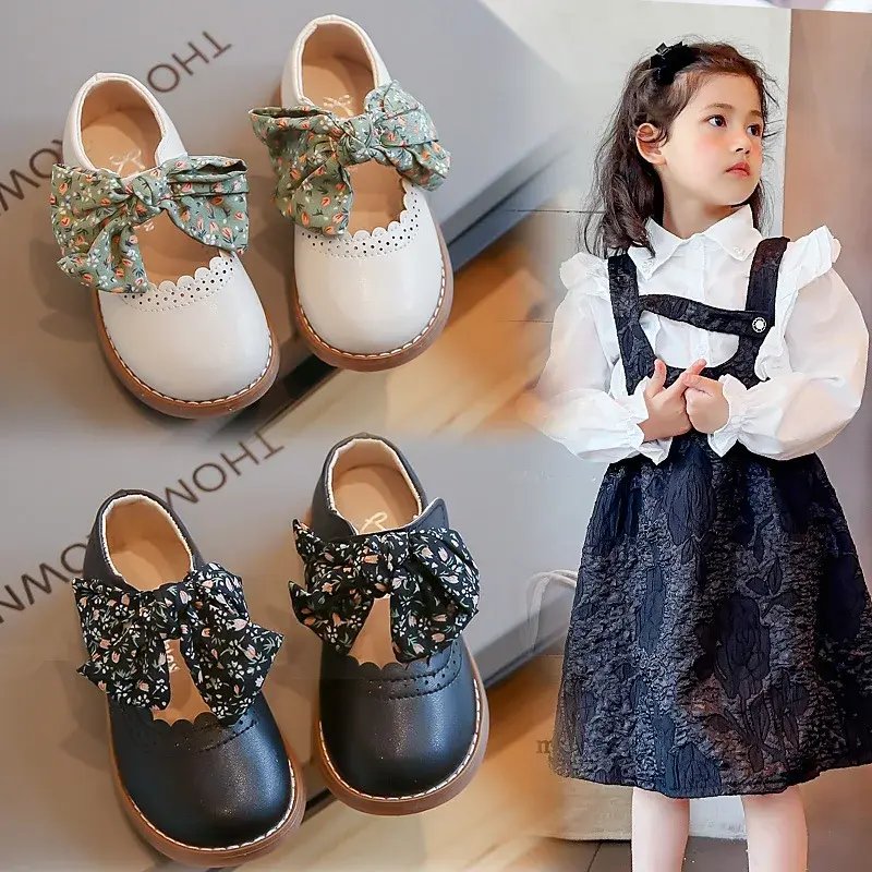 Sapato infantil de couro princesa, macio e respirável, casual doce sapatilhas francesas para meninas, moda verão com laço, 2024