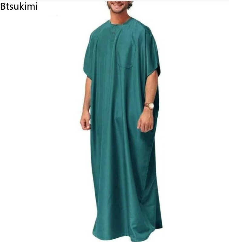 New 2024 Men Islamic Arabic Kaftan Vintage Solid Short Sleeve Loose Retro Robes Abaya Dubai Middle East Muslim Clothing S-5XL