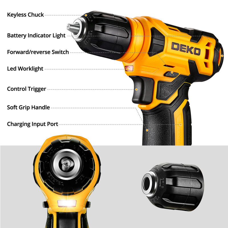 DEKO-DKMT126 Analyste d'outils électriques avec perceuse sans fil 8V, kit d'outils à main de bricolage domestique, mandrin sans clé 10mm 3/8 en effet