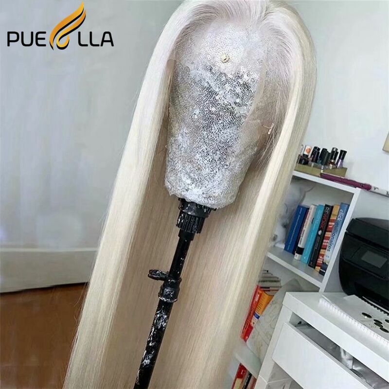 Perruque Lace Front Wig Naturelle Remy, Cheveux Lisses, Couleur Blond Platine, Dentelle HD Transparente, Pre-Plucked, T-part Blanche, 13 Tages
