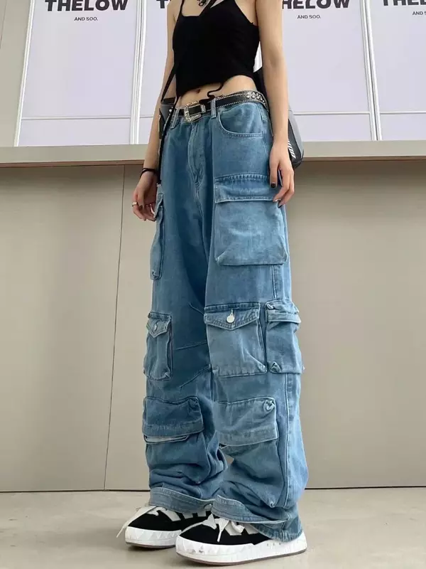 Retro High Street Cargo Pants Multi-Pocket Blue Washed Y2k Fashion High Waist Jeans Couple Harajuku Simple Casual Wide Leg Pants