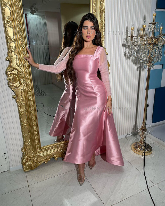 Gaun Prom Satin putri duyung merah muda laris gaun pesta khusus lengan panjang ruffle Formal gaun malam wanita jubah de Soiree 2024