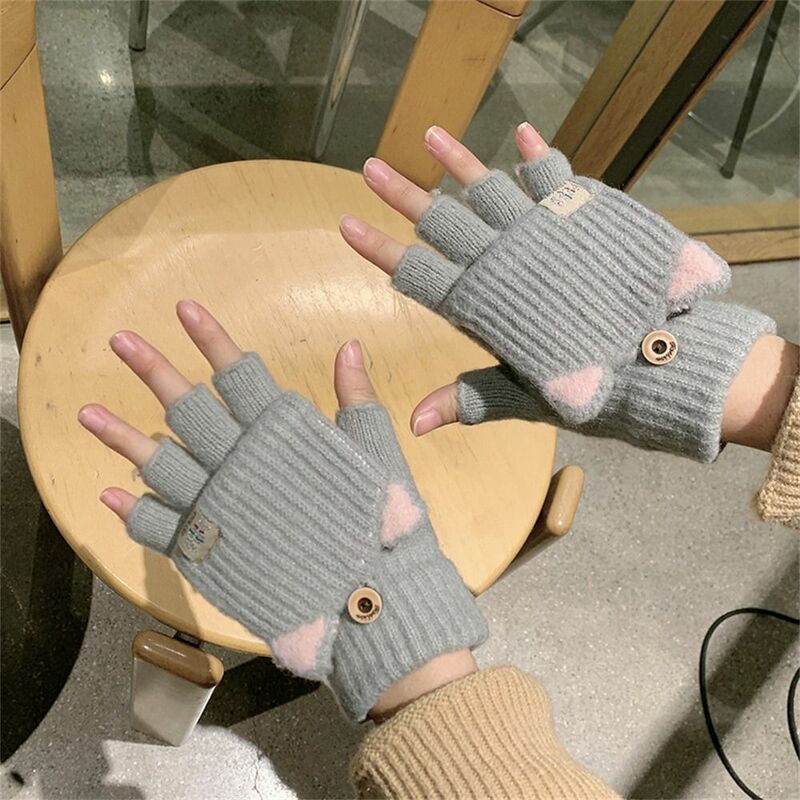 Winter Cute Cat Ear Knitted Gloves Fashion Women Girls Half Finger Gloves Warm Soft Mittens Students Fingerless Plush Gloves
