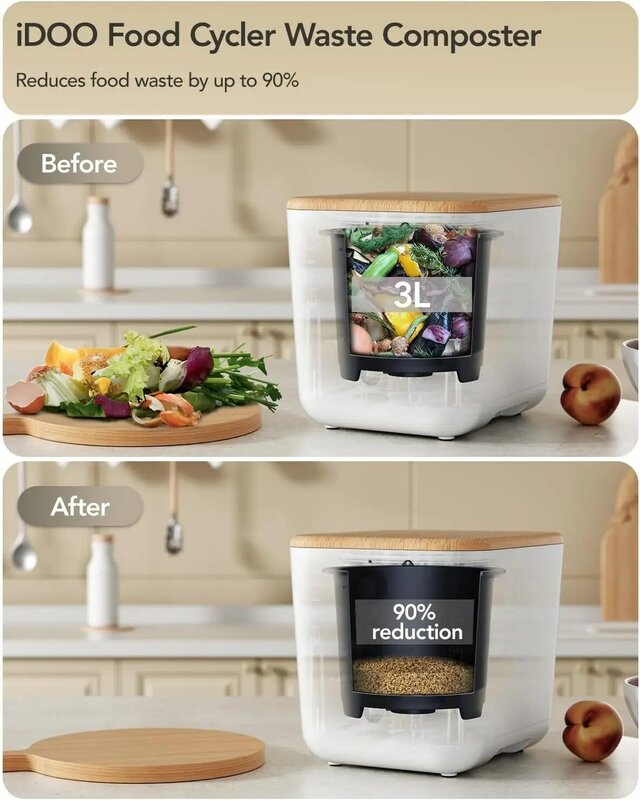 IDOO-Composteur électrique amélioré pour la cuisine, seau intelligent 3L, intérieur inodore avec poignées, filtre à charbon amovible