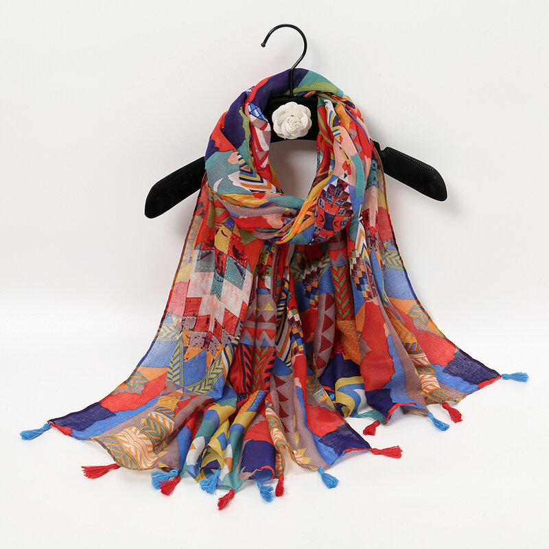 New Balinese gauze fringe vintage printed geometric scarf with all fashion travel sun protection shawl silk scarf women