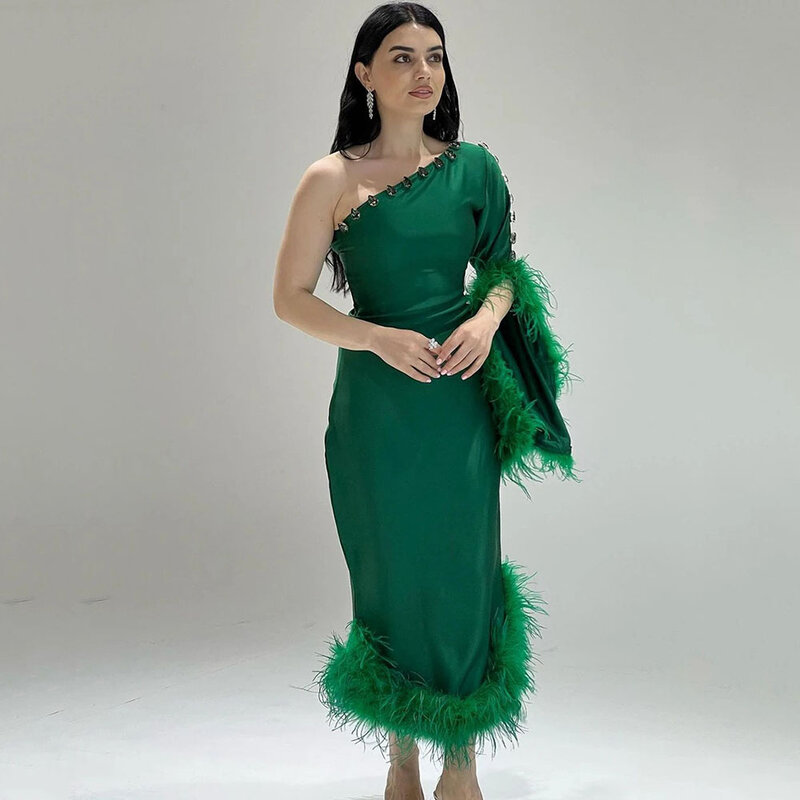 Charming Green Prom Dresses For Women Crystal One Shoulder Feathers Tea-Length Formal Occasion Gown Party Dress