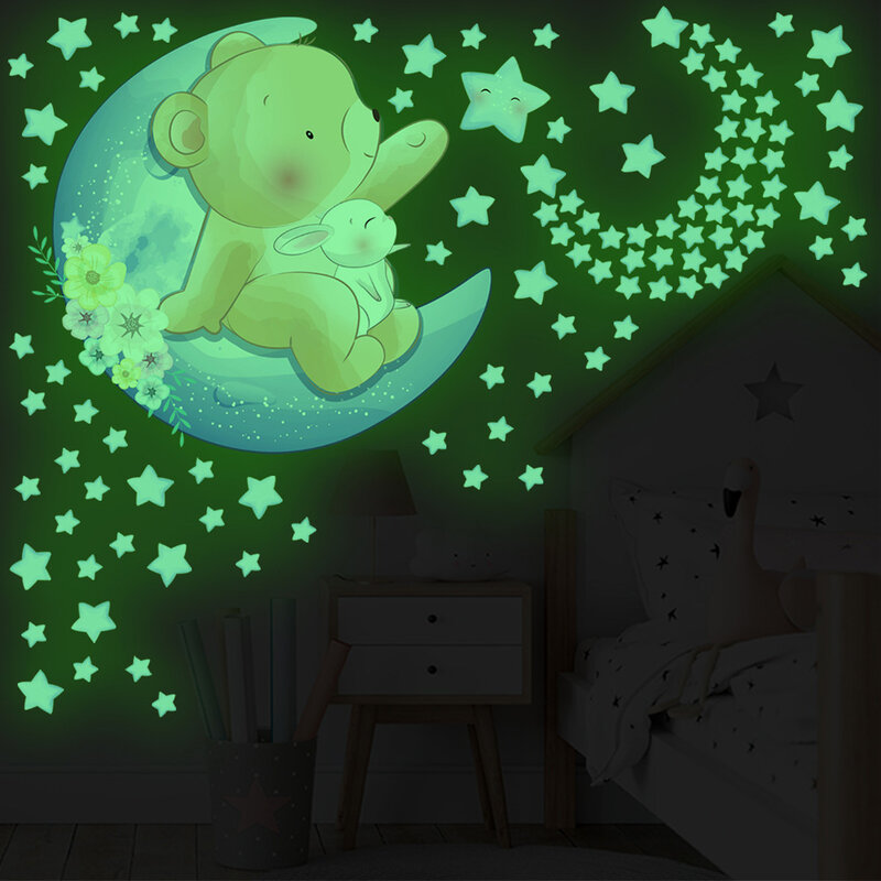 Cartoon Animal Stars Luminous Wall Sticker For Kids Room Bedroom Home Decoration Wallpaper Glow In The Dark Combination Stickers
