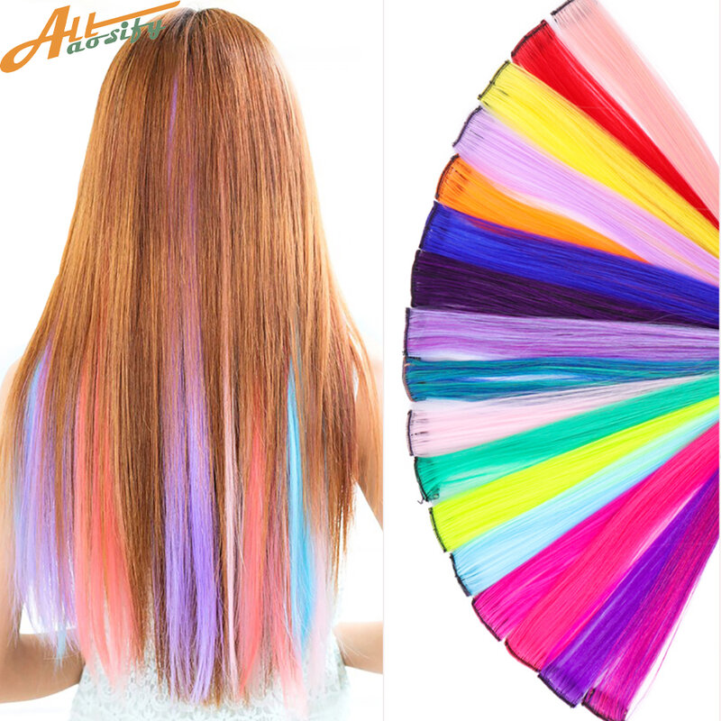 Allaosify Synthetische Enkele Clip In Een Stuk Hair Extensions 18 Kleuren Lange Rechte Grey Rode Regenboog Haar Stuk Haar Hoogtepunt