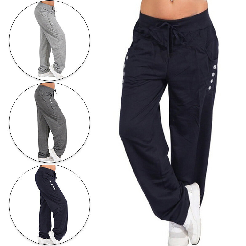 Women Fashion Elastic Waist Drawstring Long Pants Casual Loose Sports Wide Leg Pants Trousers Active Pants