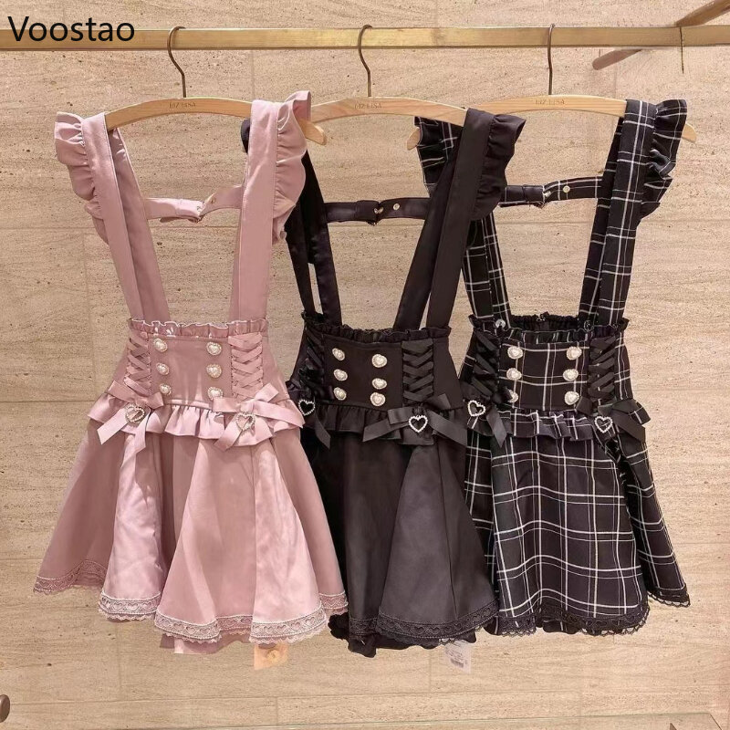 Japońska Gothic Lolita wstążka kokardka perła diamentowa klamra zdejmowane krótkie spódnica pończochowa dziewczynki słodkie słodkie koronkowe krótka spódniczka w kształcie linii