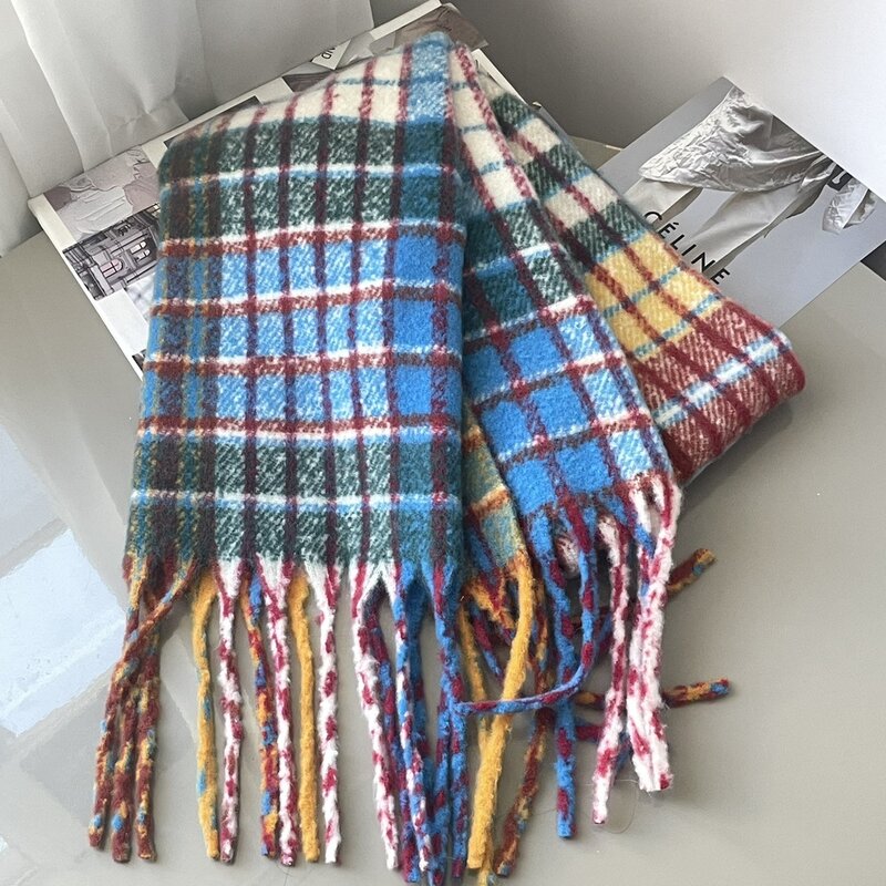 Vintage Colorful Plaid Cashmere Tassel Scarf Thickened Warm Winter Casual Korean Scarf Shawl Pashmina Mohair Scarf for Women Men