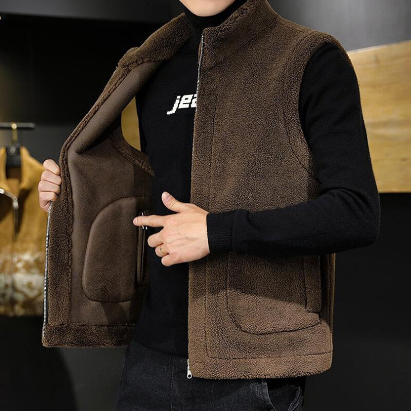 Chaleco de lana de cordero para hombre, chaqueta cálida sin mangas, gruesa, informal, a la moda, para invierno