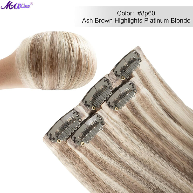 Ash Brown extensões de cabelo com clipe no cabelo, Remy cabelo humano com destaques, Platinum Blonde, cabelo sem costura, 30g, 16 em, 5PCs