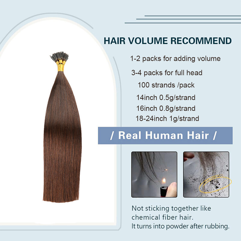 Extensiones de cabello humano liso Microlink I Tip, cabello Remy, 100 hebras/paquete, marrón oscuro #2, cabello virgen Micro Loop