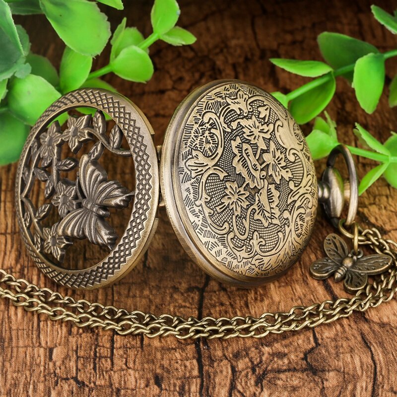 Retro Bronze Schmetterling und Blume Halskette Quarz Taschenuhr Kette Hohl Anhänger Fob Uhren Uhr mit Schmetterling Zubehör