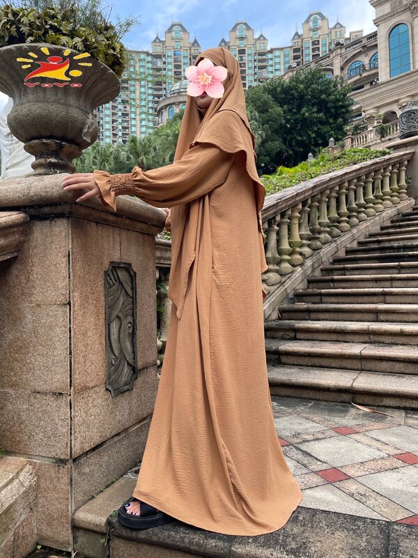 Khimar Abaya Set Crinkled tessuto Smocked Cuff Dress + due strati Hijab sciarpa abiti da preghiera Islam Jilbabs per le donne Ramadan musulmano