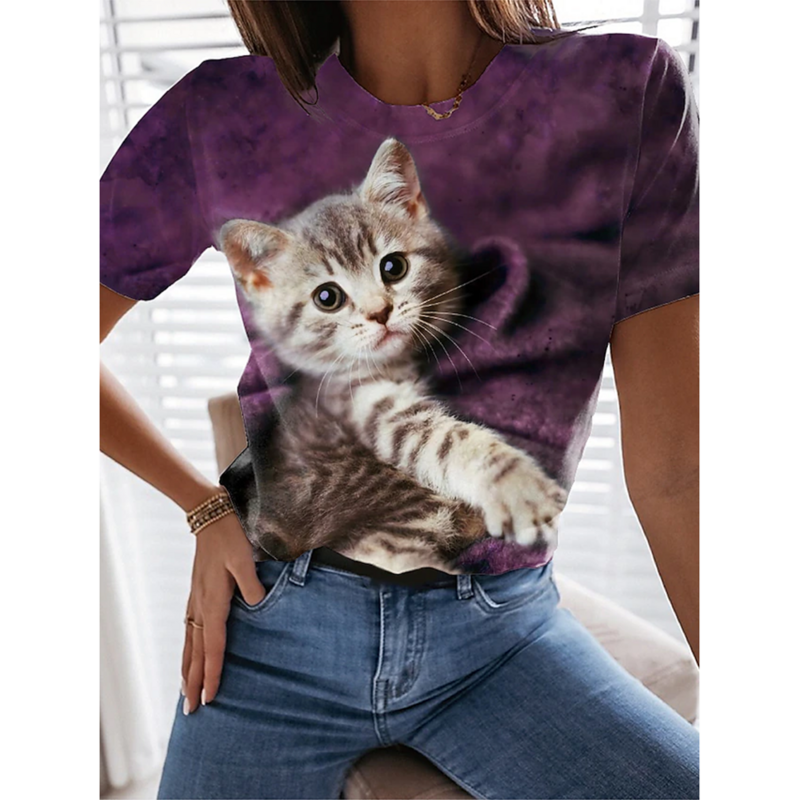 Camiseta feminina com gola e cachorro em 3D, camiseta feminina, tops de harujuku, top com gola com o grande número kawaii, roupas femininas, verão, 2024