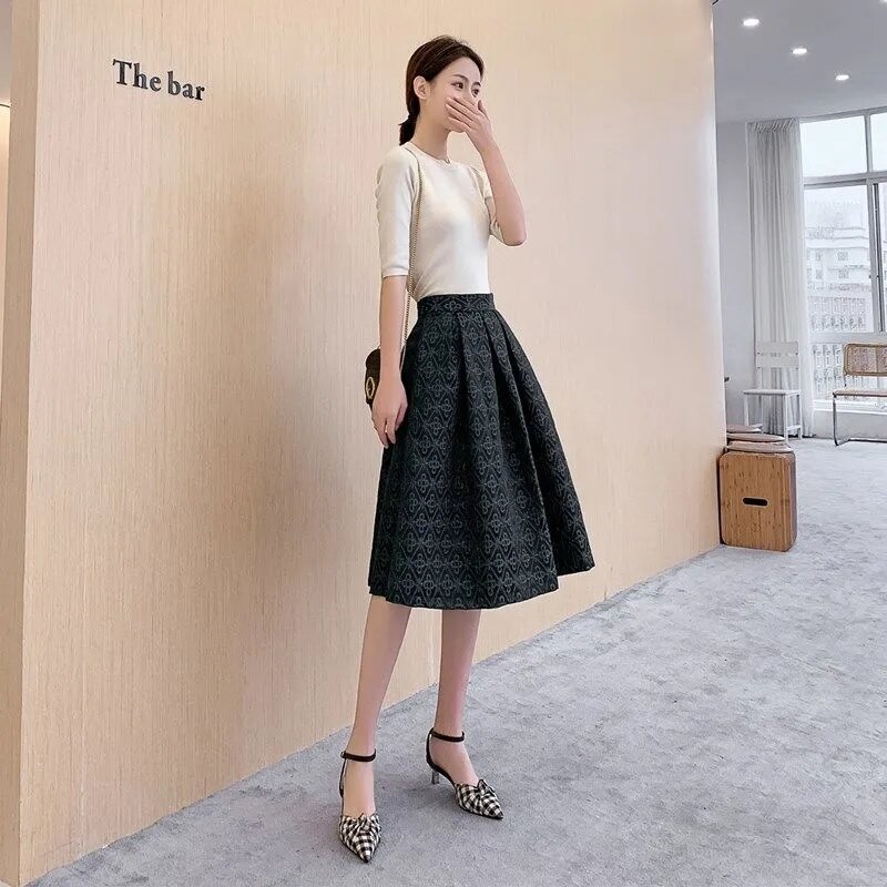 Hepburn-Falda larga plisada de cintura alta para mujer, falda Vintage elegante de estilo Jacquard, primavera y otoño, 2022