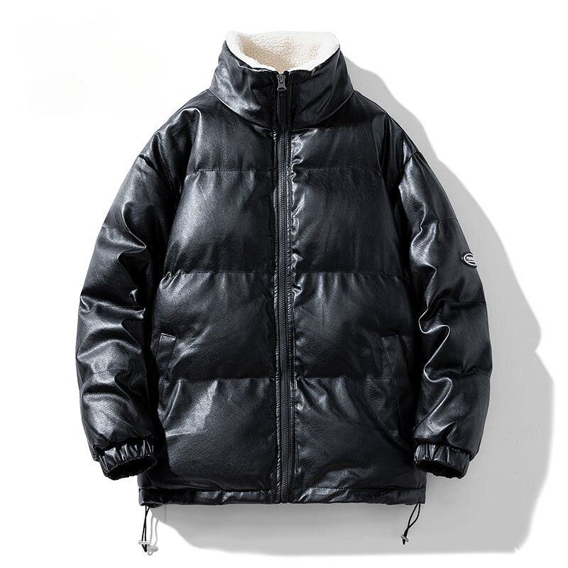 남성용 다운 코튼 코트 겨울 재킷, 짧은 루즈 PU 파카, 두껍고 따뜻한 아웃웨어, 스탠드 칼라, 패션 레저 오버코트, 2023 신상