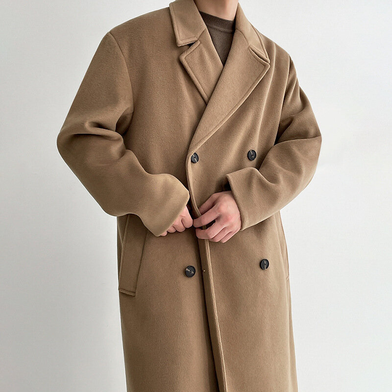 Casaco de lã masculino de comprimento médio outono e inverno versão coreana solta e de alta qualidade sentimento espessamento Trench Coat