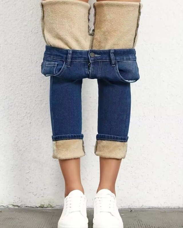 Jeans luxuoso de cintura alta feminino, calça forrado de lã, calça jeans casual, azul escuro na moda, design de bolso, 2023