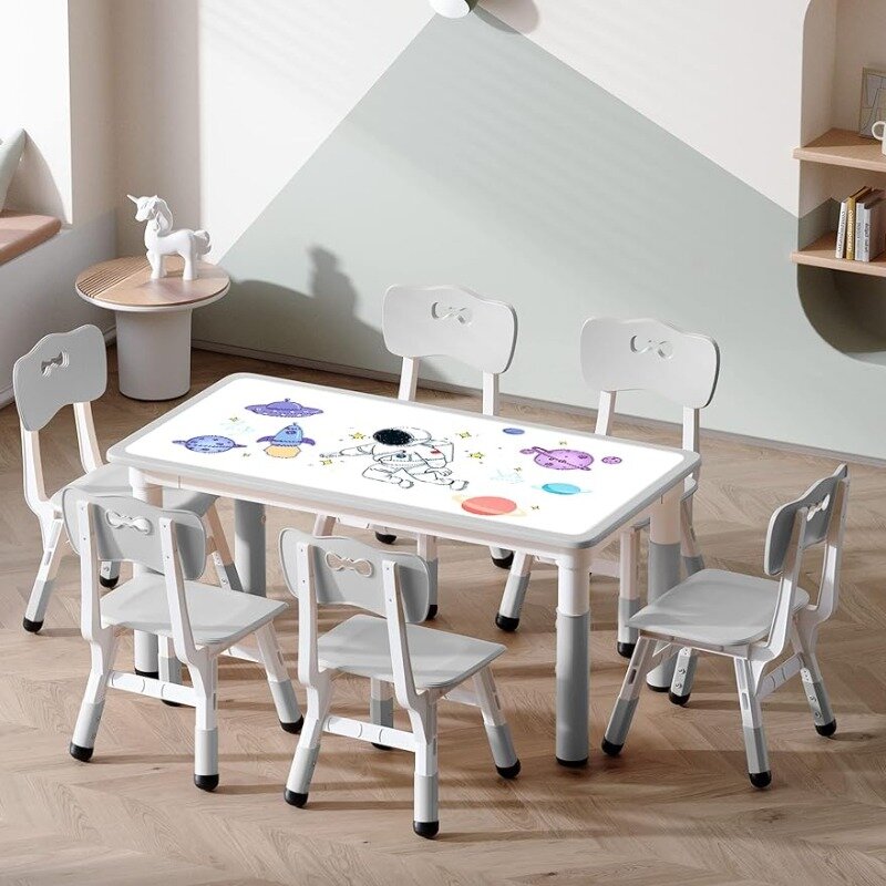 LUUYOUU Set meja & kursi anak-anak, cocok untuk 2 tahun + tinggi anak dapat disesuaikan meja & kursi dengan 4 kursi meja