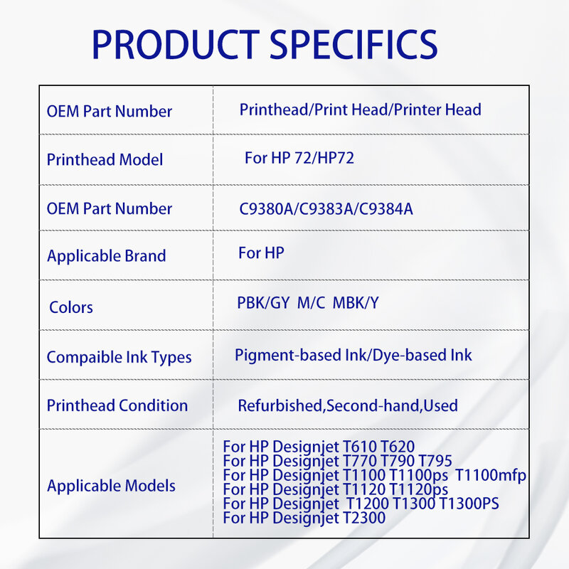 Cabezal de impresión HP72 para hp 72, C9380A, C9383A, C9384A, DesignJet, T1100, T1120, T1200, T1300, T1300ps, T2300, T610, T770, T790, T795