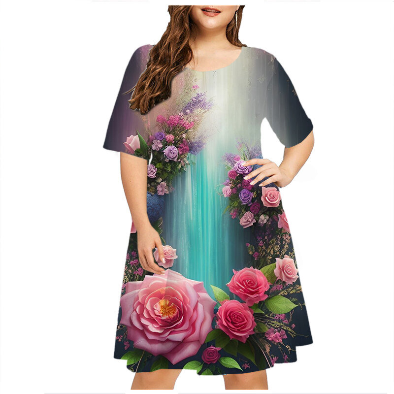 Sommer Vintage 3D Blumen druck Kleider für Frauen Mode Kurzarm lose Plus Size Kleid lässige weibliche Kleidung 6xl Sommerkleid