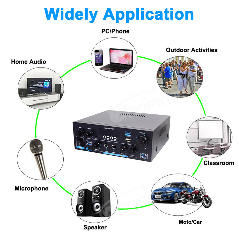 Woopker AK55 HiFi Audio Amplifier Max 900W Digital Bluetooth AMP RMS 70W+70W Channel 2.0 Supports Dual MIC Inputs FM Radio