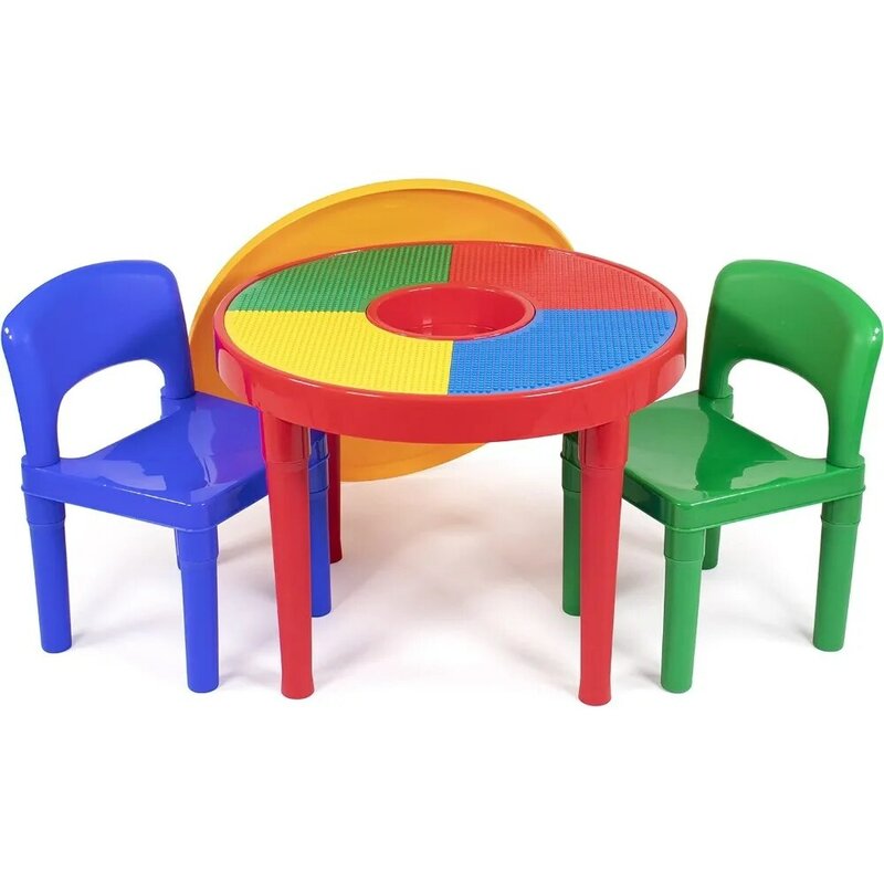 Children's tables and chairs Red/Green/Blue Kids 2-in-1 Plastic Blocks-Compatible Activity Table and 2 Chairs Set,Primary Colors