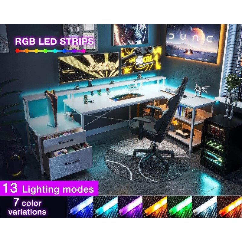 Odk L โต๊ะรูปตัว L พร้อมลิ้นชักเก็บแฟ้มโต๊ะคอมพิวเตอร์75 "พลิกกลับได้พร้อมเต้าเสียบสายไฟและแถบไฟ LED โต๊ะสำนักงานบ้าน