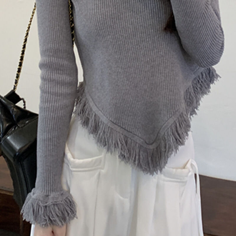 Женские пуловеры с длинным рукавом, осенне-зимние модные однотонные пуловеры с кисточками и лямкой на шее в Корейском стиле, винтажная простая повседневная Уличная одежда, шикарная
