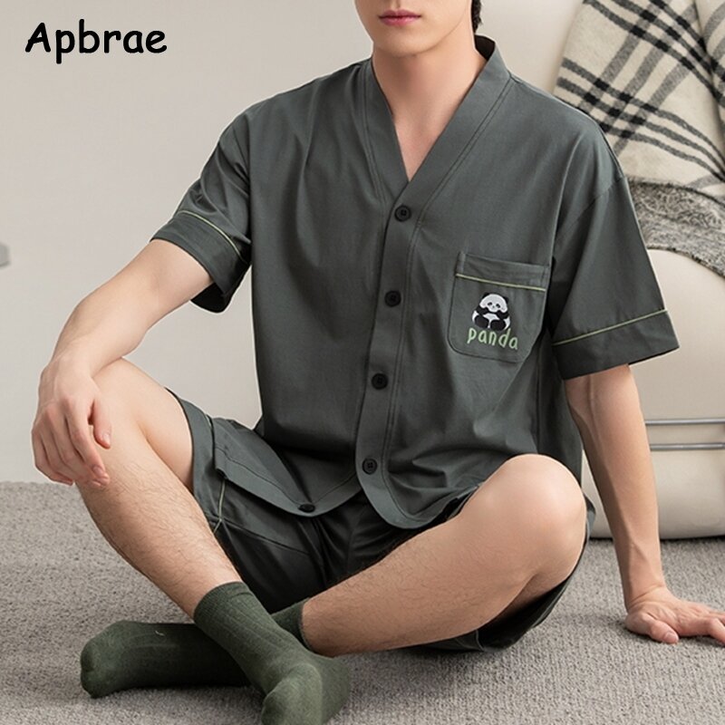 100% Pure Cotton Pajamas for Men Summer Man Pijamas Plus Size L-3XL Short Sleeve Kimono Sleepwear Plaid Print Pajama Set
