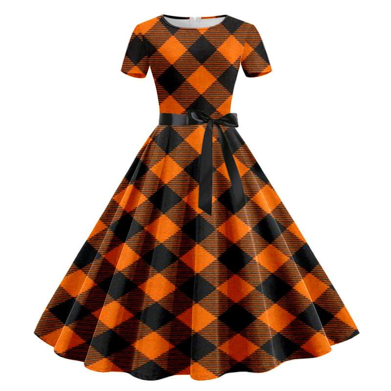 Halloween Retro Vintage Frauen Kleid Plaid gedruckt England Stil großes Hemd Sommerkleid 50er 60er Jahre Pinup Swing Freizeit kleider