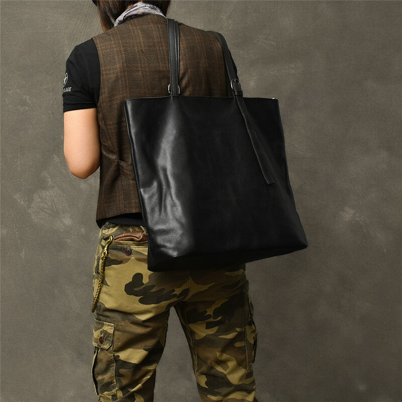 Sacola masculina de couro genuíno grande capacidade moda casual simples de alta qualidade macio real couro preto bolsa de ombro bolsas