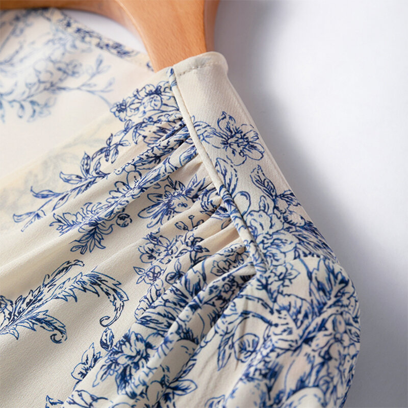 Women Silk Shirt 100% Mulberry Crepe Silk White Floral Printed V Neck Buttons Down Long Lantern Sleeve Top Blouse M L XL M1129