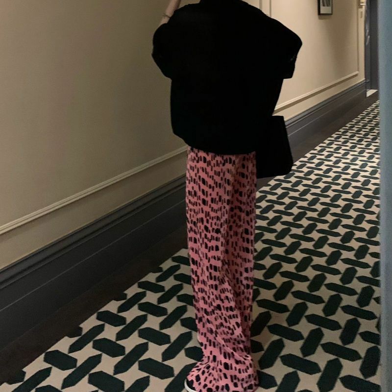 여성용 핑크 레오파드 무늬 캐주얼 바지, 플리츠 디자인, 스트레이트 및 루즈 레그 슬리밍 및 플로어 드래그 팬츠