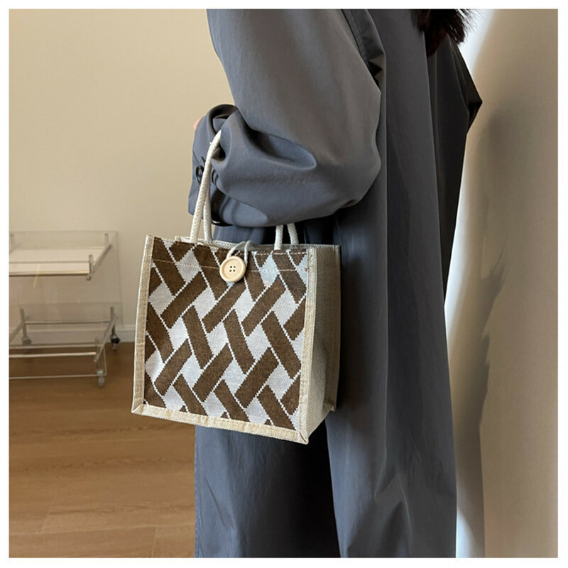 Lattice Print Burlap Tote Bags Women Linen Tote Shopping Bag Large Capacity Handbags Portable Eco Top Handle Gift Bag 2024