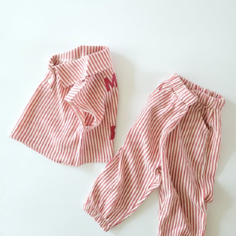 Летняя детская одежда, новинка, полосатая рубашка без рукавов для девочек, топ и брюки, дышащий симпатичный комплект из рубашки и брюк с лацканами