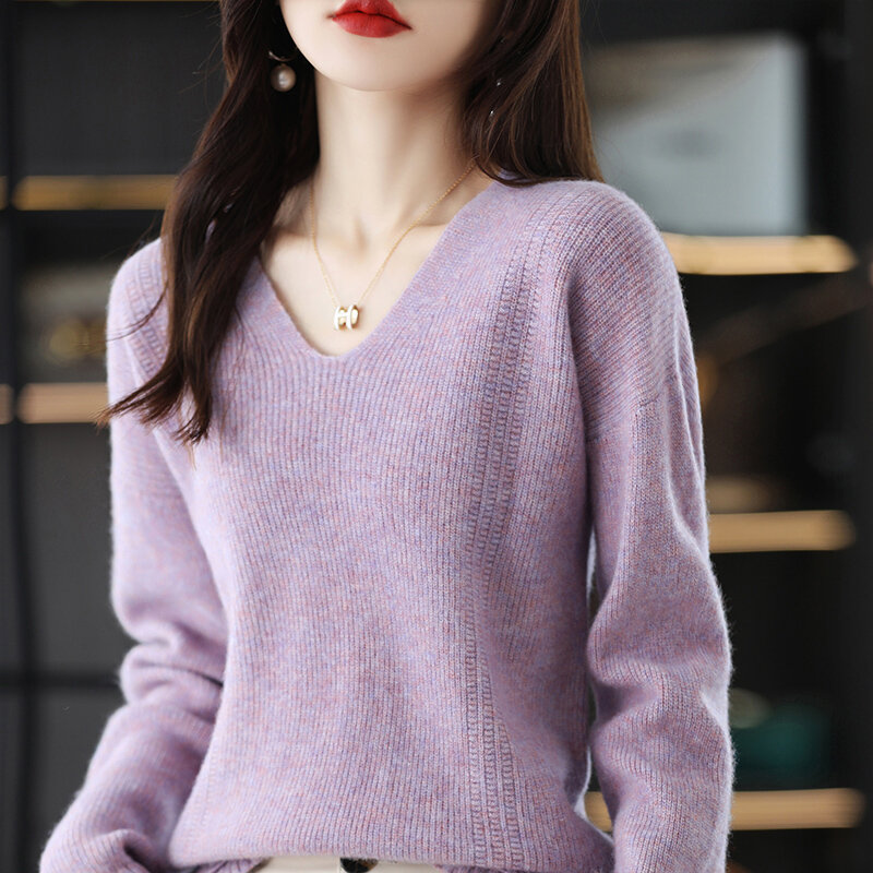 100% pura lana maglieria da donna temperamento grande scollo a v sciolto pigro vento Pullover moda versione coreana Cashmere Bottoming Shirt