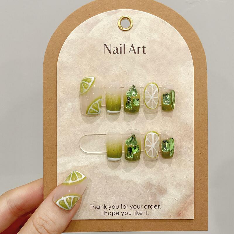 10pcs Cute Lemon Handmade Press on Nails Medium Gradient Green False Nail with 3D Love Green Diamond Full Cover French Nail Tips