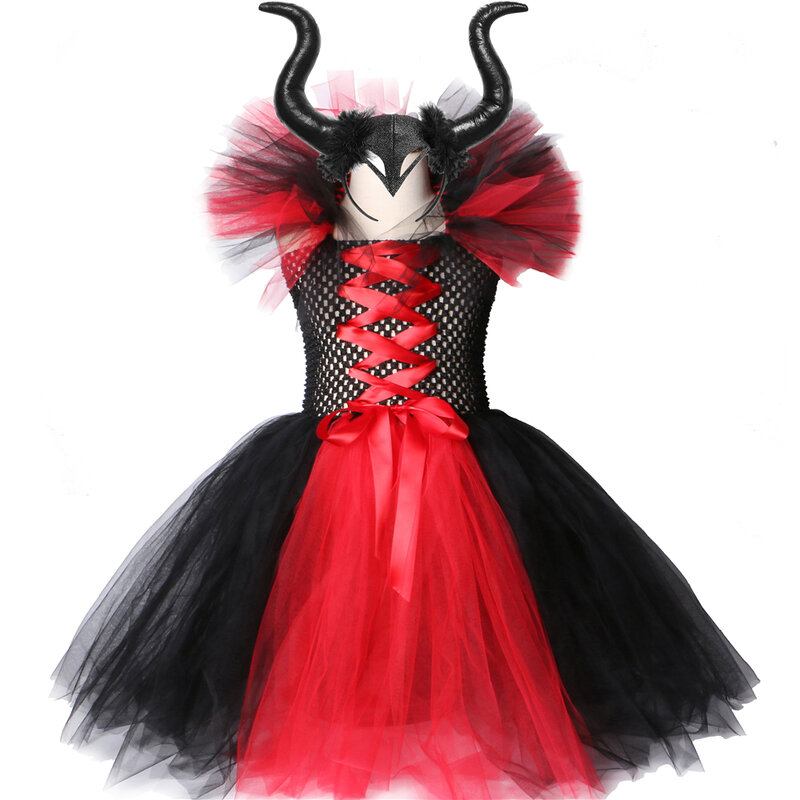 Costume da strega vampiro di Halloween per bambini vestiti da festa di carnevale rosso nero Costume da mostro regina del male per ragazze vestito Tutu fantasia