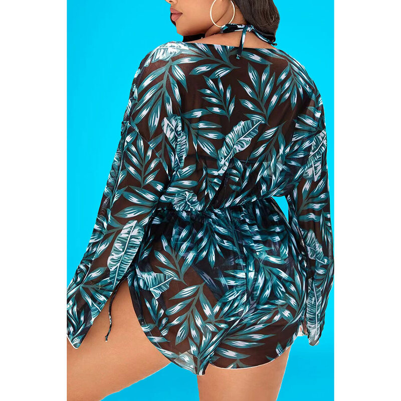 Plus Size Vacation Swimsuit Black All Over Print Spring Summer V Neck Long Sleeve Three Piece Swimsuit