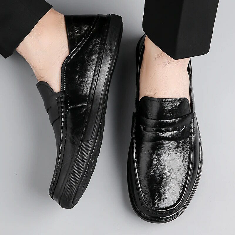 Hanhong Men's Shoes 2024 Summer New Versatile Genuine Leather Bean Shoes Men's Breathable Casual Leather Shoes Men's Soft Leathe