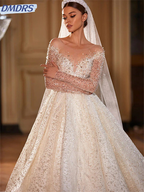 Lussuoso abito da sposa con perline elegante abito da sposa con paillettes 2024 glamour manica lunga a-line abito da sposa Vestidos De Novia