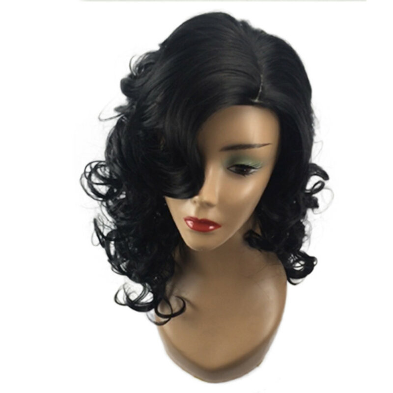 Schwarze Frauen kurze lockige Haare schräge Pony Tan Mode synthetische chemische Faser Hoch temperatur Seide Perücke Kopf bedeckung