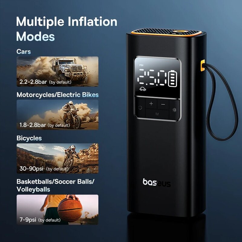 Baseus pompa udara portabel, kompresor udara nirkabel untuk Inflator ban listrik sepeda dan mobil dengan tampilan Digital LCD