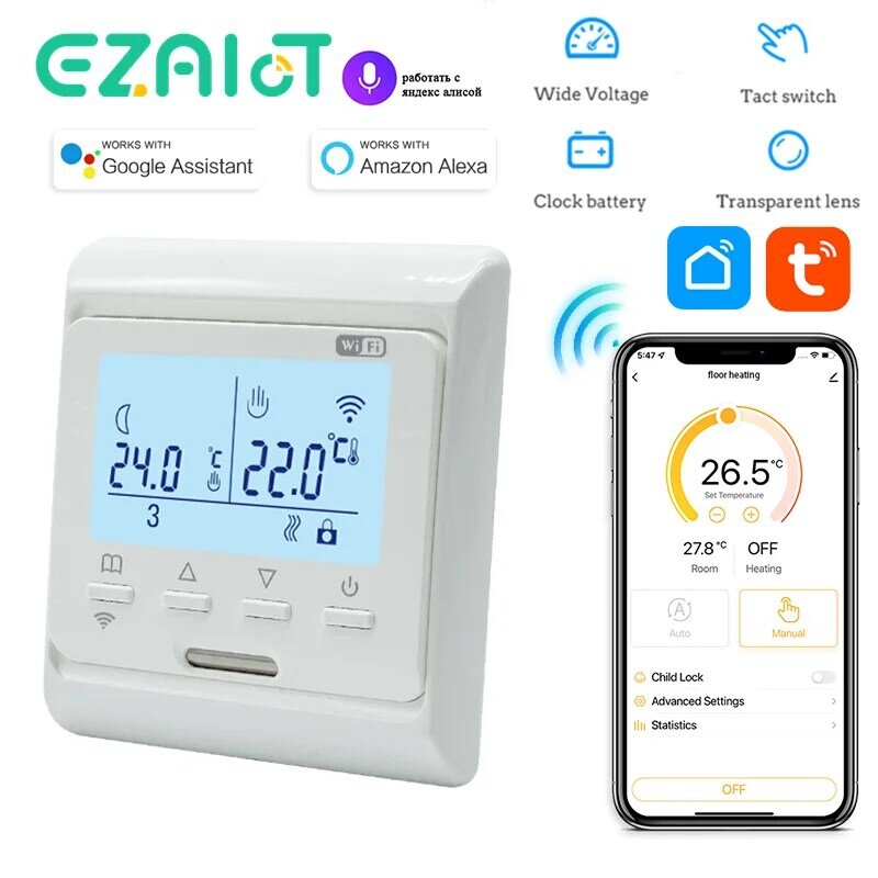 Wi-Fi 난방 바닥 프로그래밍 가능 온도 조절기, 전기 가정 바닥 따뜻한 난방 온도 조절기, 앱 원격 제어, 220V 16A