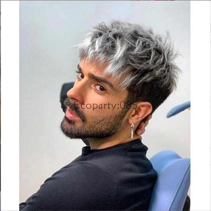 Pelucas de Cosplay para hombres, Color degradado gris plateado, cabello rizado corto desordenado, cabello sintético resistente al calor de alta temperatura